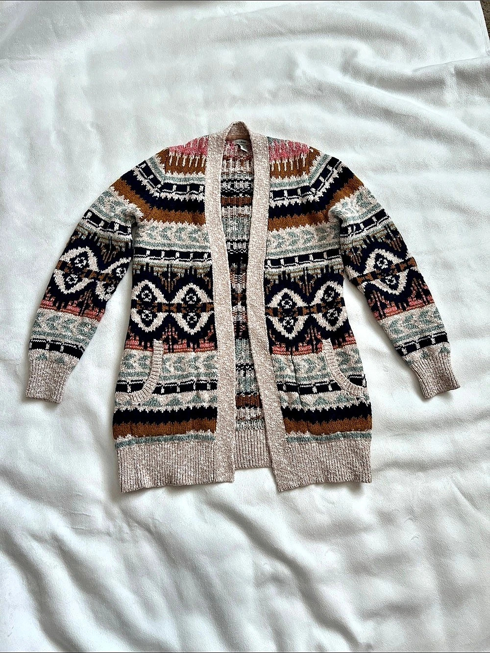 L.L.Bean Women's Cotton Ragg Sweater, Open Cardigan Fair Isle Multicolor XS